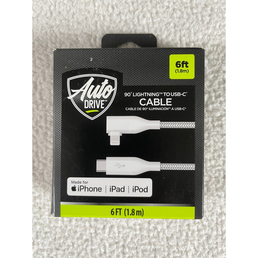 Auto Drive 6ft Charging‎ Cable Silver 90 Degree 8 pin connector to USB-C Braided